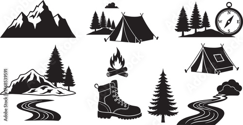 Collection of black and white silhouette illustrations representing outdoor camping and adventure activities