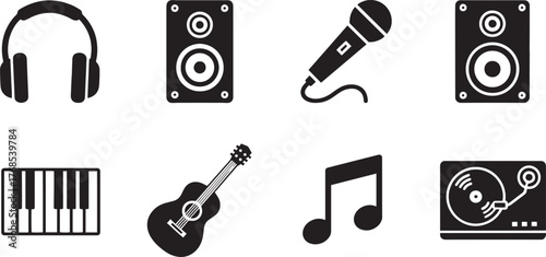 Collection of black and white music, vector icons including headphones speakers microphone piano guitar music note and turntable