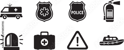 Collection of emergency service vector icons including ambulance police badge fire extinguisher first aid kit warning sign and rescue boat