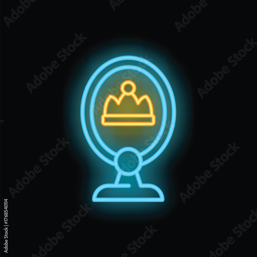 Neon sign representing the concept of self esteem with a crown reflecting in a round mirror