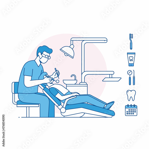 Modern dental clinic vector with dentist examining patient, promoting oral health and hygiene, perfect for healthcare marketing and wellness campaigns.