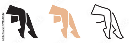 Female leg  icon. icons of women's legs in high heels. Stylized vector illustration showing three minimalist depictions of women's legs wearing high heels, in black, beige, and outline variations.

