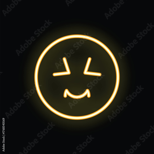 Yellow neon sign of an emoji showing nervousness with a half smile