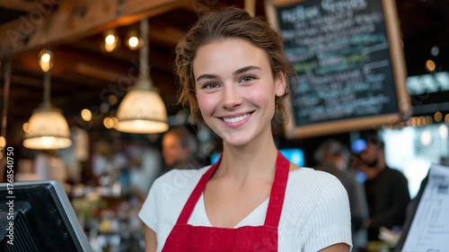 221Woman in red apron behind counter, bright smile, restaurant menu board featuring specials behind her, elegant pendant lighting highlighting friendly expression