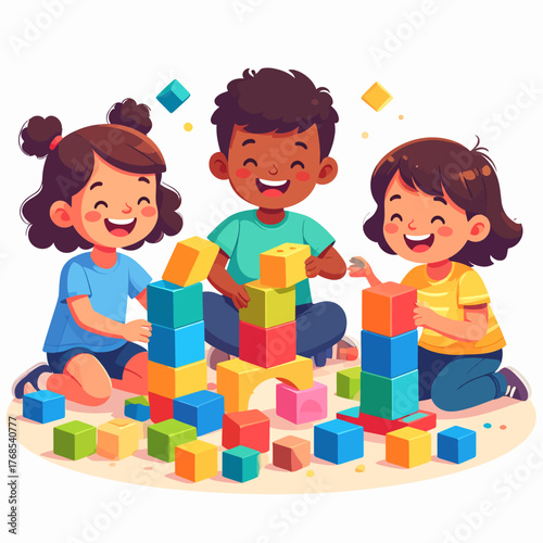 Happy children playing with colorful blocks on the floor