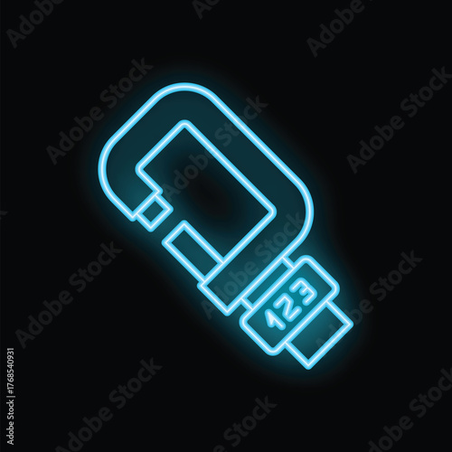 Glowing neon line clamp tool icon isolated on black background. Working hand equipment. Neon light glowing icon. Vector illustration