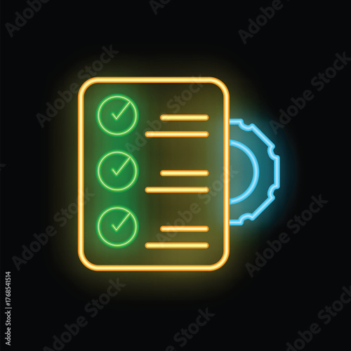 Neon sign showing a checklist being automatically completed by a rotating gear
