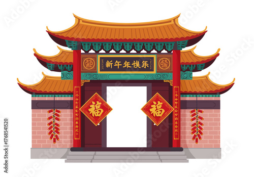 Traditional Chinese Pagoda-Roofed Gateway with Firecracker Decoration and Red "Fu" Calligraphy for Chinese New Year