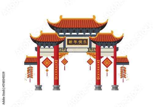 Classic Red Chinese Gateway with Tiled Roof and Decorated with Firecrackers and Red Square Ornaments for Lunar New Year