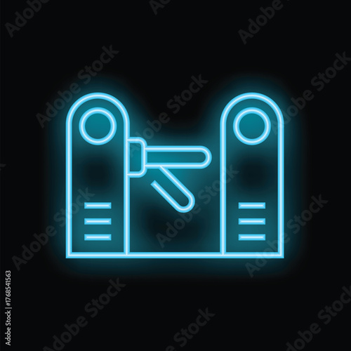 Neon blue icon of a turnstile gate allowing access to a paid area, isolated on a black background