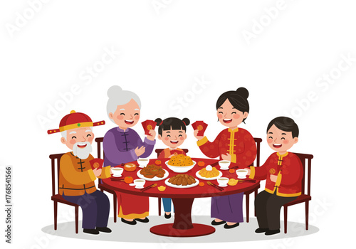 Happy Three-Generation Family Gathering for Reunion Dinner and Giving Red Envelopes on Chinese New Year's Eve