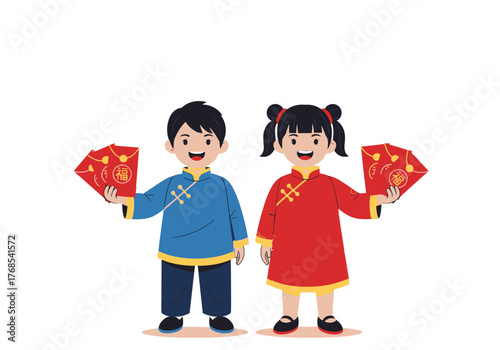 Illustration of Boy and Girl Characters Dressed in Traditional Chinese Clothing Holding Red Envelopes during Chinese New Year