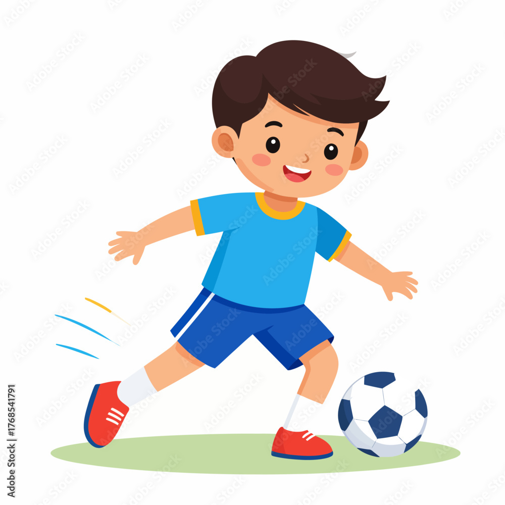 Obraz premium Happy child playing soccer kicking ball with excitement