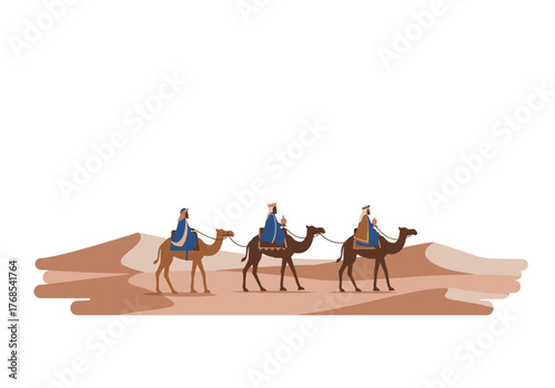 Three Kings Riding Camels Through the Desert Against a Wide Sand Dune Backdrop, Journey to Bethlehem