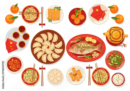 Assorted Traditional Chinese Dishes: Dumplings, Whole Fish, Noodles, and Mandarin Oranges on a Festive Table for Lunar New Yea