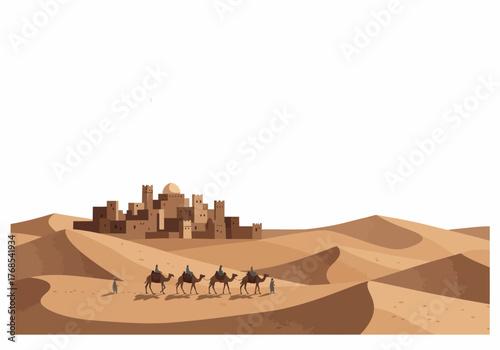 Camel Caravan and Followers Approaching an Ancient City Surrounded by Desert Dunes, Illustrating the Epiphany Journey 