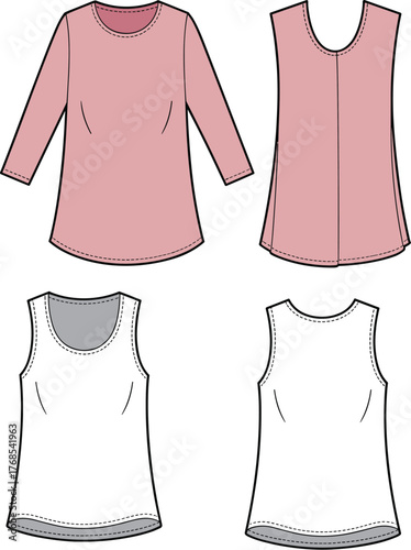Women’s fashion top technical drawing, tunic and tank front and back view, apparel template, clothing design sketch, flat garment illustration