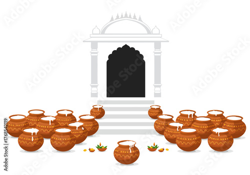 Illustration of Milk Pot Offering Symbols and a Hindu Temple in the Thaipusam Devotional Festival Celebration