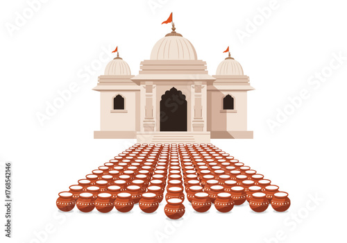 Illustration of a Hindu Temple with Long Rows of Clay Pots Filled with Milk as Thaipusam Devotional Offerings