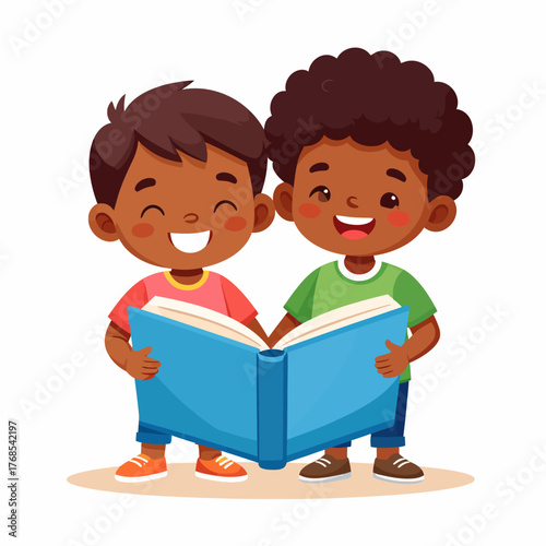 Two happy boys reading a book together learning and education concept