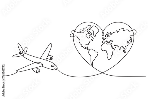 Continuous one line drawing of airplane flying around heart shaped world map illustration

