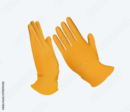 Rubber hand gloves on white background, 3D render vector illustration of yellow gloves. Latex gloves as a symbol