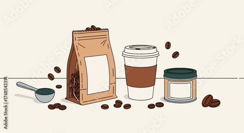An illustration of various coffee products including a bag of beans, a disposable cup, a jar, and a scoop, surrounded by scattered coffee beans.
