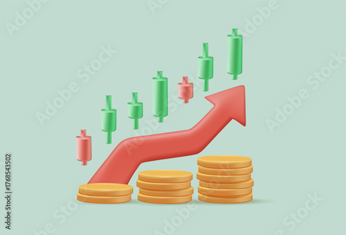 Stock market profit with uptrend candle sticks and money coins. 3D render vector illustration, arrow and stacking coins