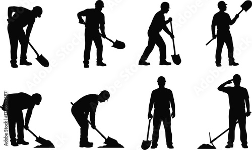 Shovel action poses, manual labor silhouettes, digging gesture, construction tool use, outdoor work icon, flat vector illustration, worker movement