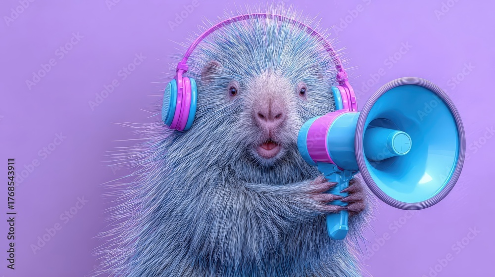 Fototapeta premium A cute, fluffy animal wearing pink headphones holds a blue megaphone against a purple background. The animal appears surprised and engaged in a fun activity.