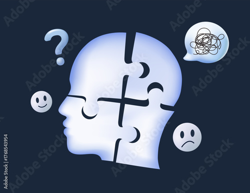 Mental health awareness concept. Human head made of jigsaw puzzle. Panic attack, bipolar disorder mind. Concept mental