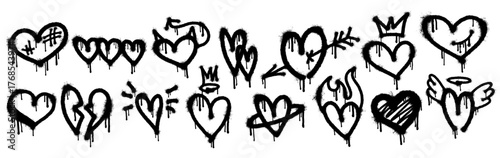Set of spray painted heart shapes with hand drawn grunge graffiti elements ink leaks stains and love symbols on white background