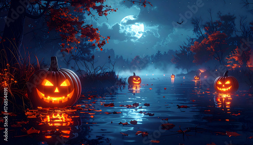 Fototapeta Naklejka Na Ścianę i Meble -  Eerie Halloween night scene with glowing pumpkins floating on a misty lake under a full moon, perfect for spooky season designs and festive backgrounds