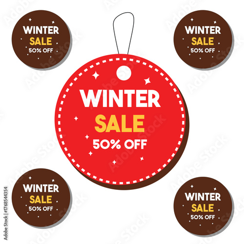 Red Christmas Sale Labels Set with Coupon Codes, Winter Discount Tags, and Festive Ribbon Design