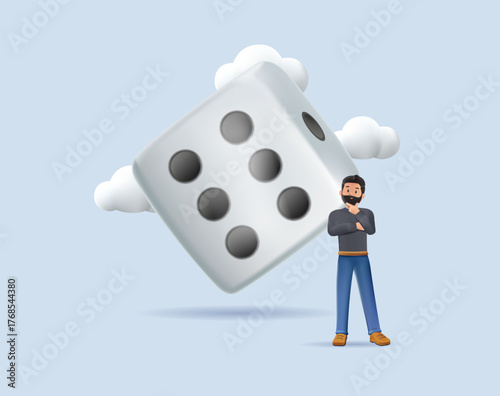 Investment risk, stock trader, gambling, uncertainty, possibility of losing money or make a profit from investment concept, greedy investor man dare trying to play spinning unstable dice