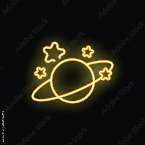Neon yellow glowing planet with orbiting ring and surrounded by stars on black background
