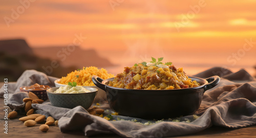 Savory bobotie casserole with turmeric rice, chutney, and almond. comforting South African dish with warm sunset glow