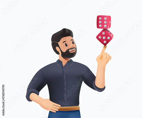 Investment risk, stock trader, gambling, uncertainty, possibility of losing money or make a profit from investment concept, greedy investor man dare trying to balance spinning unstable dices