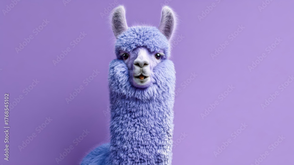 Obraz premium A close-up of a purple alpaca with fluffy fur against a solid purple background. The alpaca has a curious expression and prominent ears.