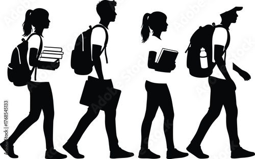 College Students Walking Silhouette Vector