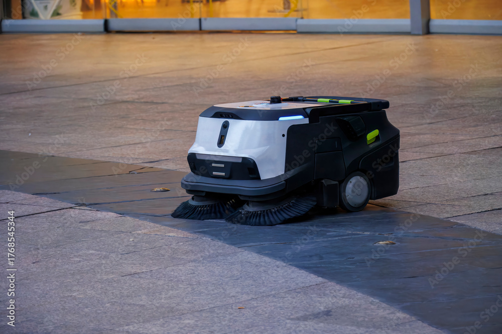 Fototapeta premium Autonomous cleaning robot working in a shopping mall, representing automation, innovation, and the replacement of human labor through robotics.