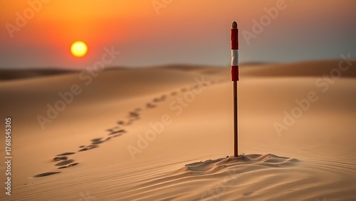 sedition. Broken flagpole in sandy ground with retreating footprints, sunset symbolic of surrender. inspiring travel planning.
