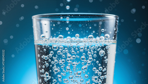 Macro photography of bubbles rising in a glass of alkaline water with light refraction  