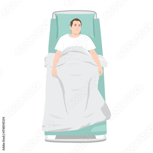Man lying in a hospital bed, covered with a blanket and appearing unwell or recovering. Flat vector illustration isolated on white background