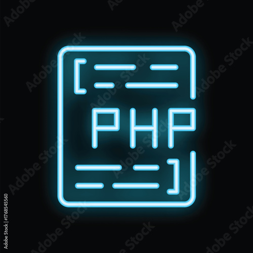 Neon blue icon of a php file is glowing on a dark background