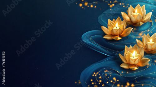 Decorative banner with golden krathongs, candlelight trails and shimmering blue gradient background