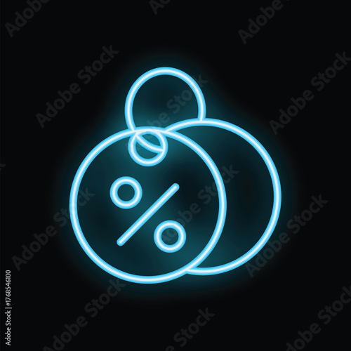 Neon blue glowing discount percentage price tag keyring icon, showing sale and bargain