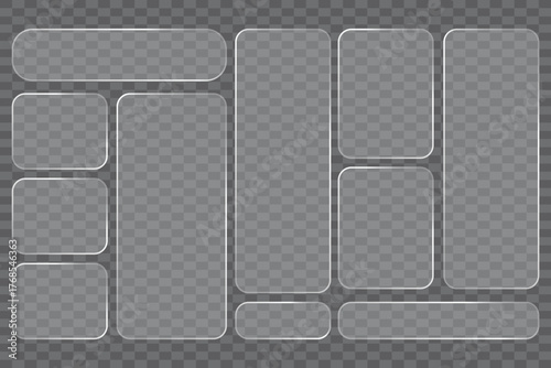 Collection of transparent glass rectangles and squares with rounded corners on a gray grid background