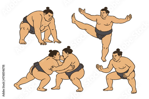 Set of sumo japan man. Sport person wrestler fight traditional japanese culture. Vector flat illustration
