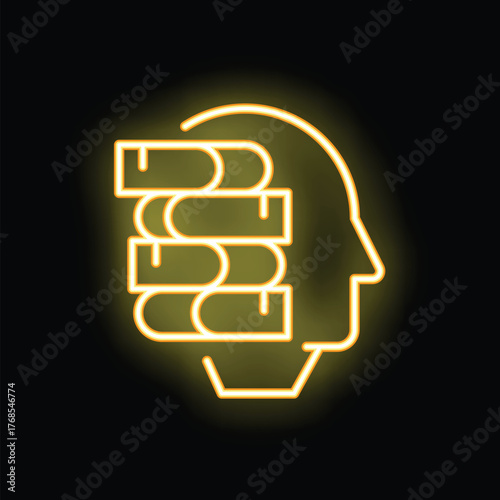 Neon sign representing a head with books inside symbolizing knowledge, intelligence and education